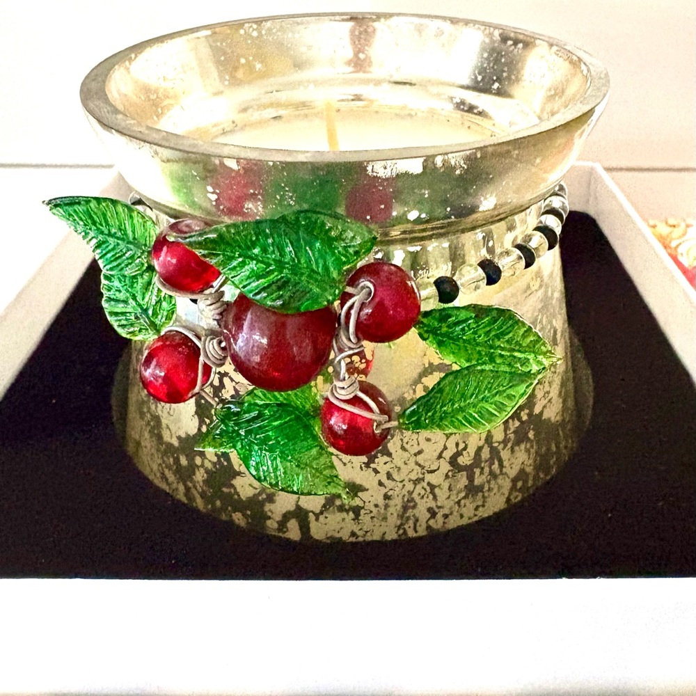 MacKenzie-Childs  Candle in mercury glass with Red Berry and Green Leaf NEW